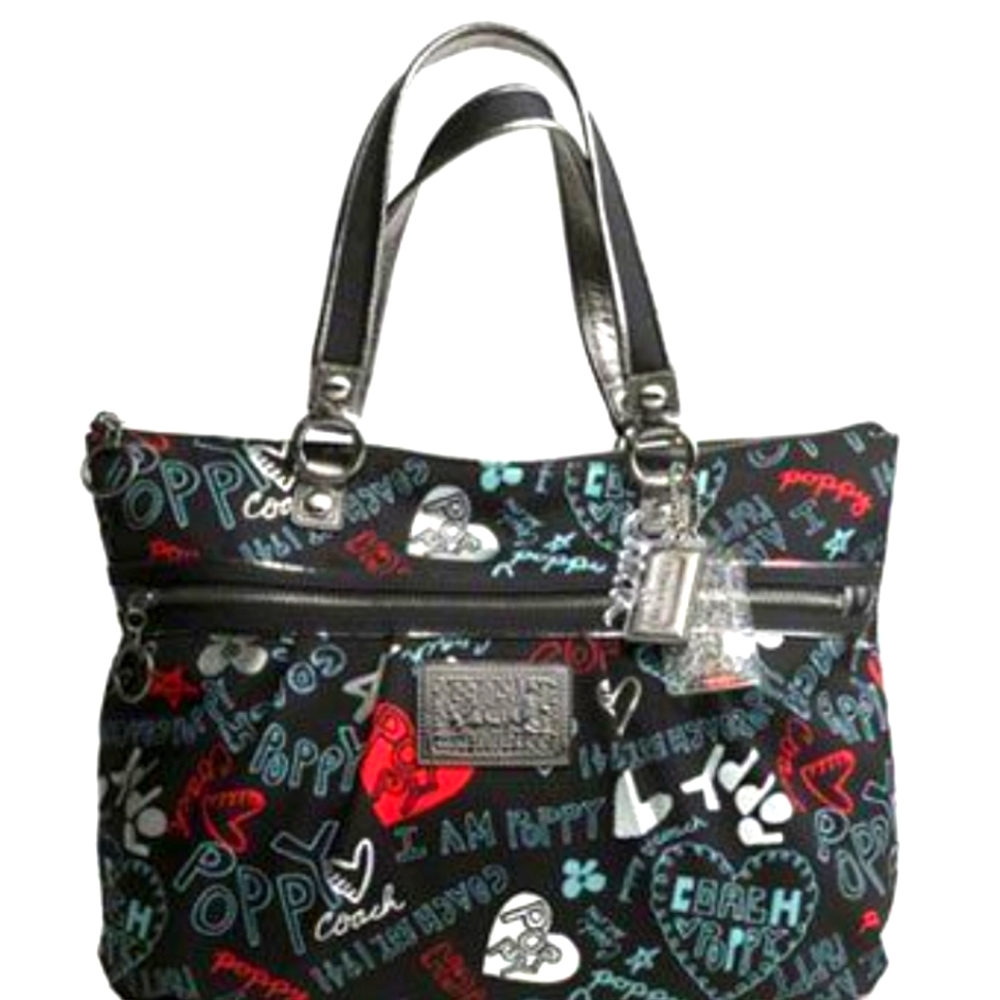 COACH Graffiti Heart Tote Bag Poppy Signature Glam Multi Color